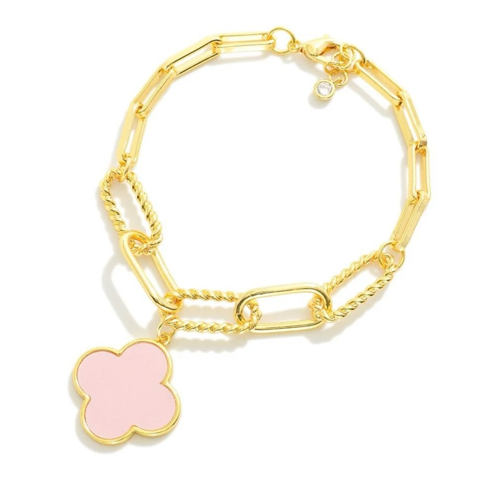 Pink Clover and Gold Paper Clip Bracelet